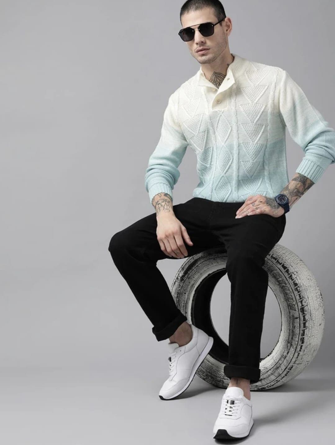 Men Self Design High Neck Blue Sweater
