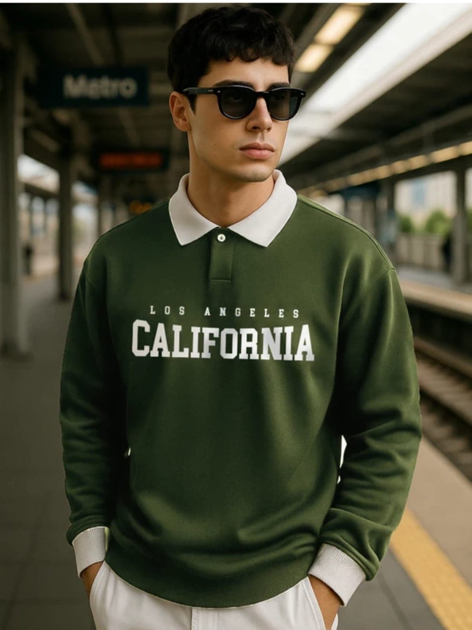 Men Printed Polo Neck Cotton Blend Green T-Shirt